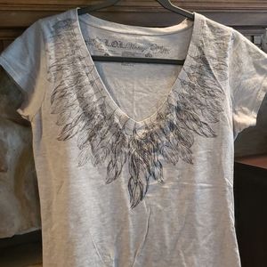 Gray feather neckline shirt